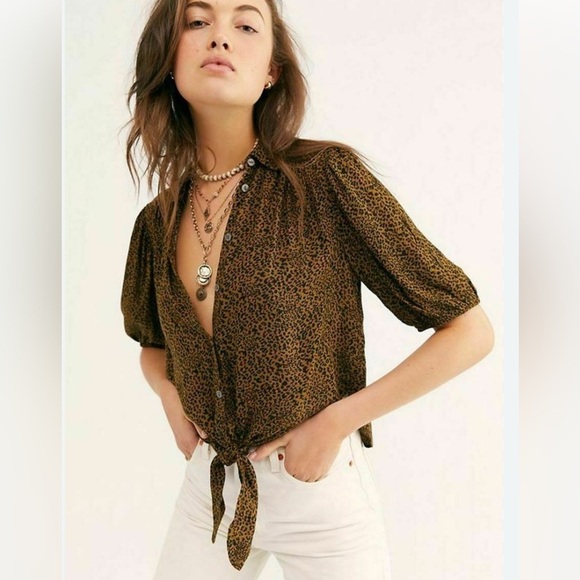 Free People Brown Leopard Print Blouse with Tie front. Size M - Picture 1 of 8